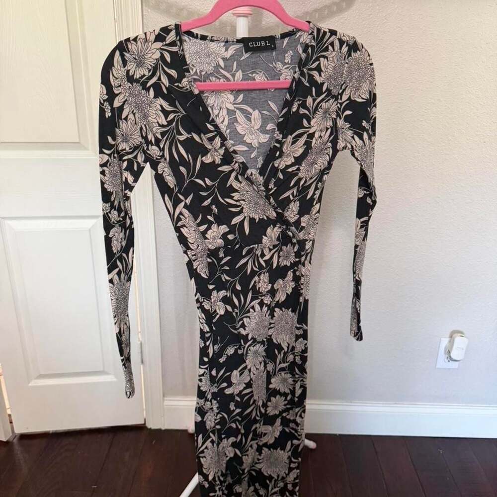 Club L London Black Floral Long Sleeve Wrap Midi Dress